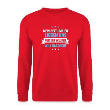Mein Bett und ich – nur der Wecker nicht Spruch - Unisex Pullover - Rot - Vorne - Alina (178cm) & Michal (187cm)