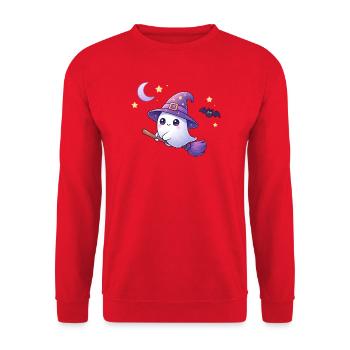 Kawaii Hexen‑Geist auf Besen – Halloween Shirt - Unisex Pullover - Rot - Vorne - Alina (178cm) & Michal (187cm)