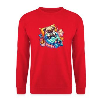 Entspannter Gaming Mops mit Snacks - Unisex Pullover - Rot - Vorne - Alina (178cm) & Michal (187cm)