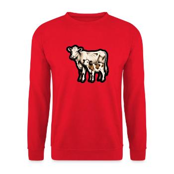 Mutterkuh mit Kalb – Retro Tierillustration - Unisex Pullover - Rot - Vorne - Alina (178cm) & Michal (187cm)
