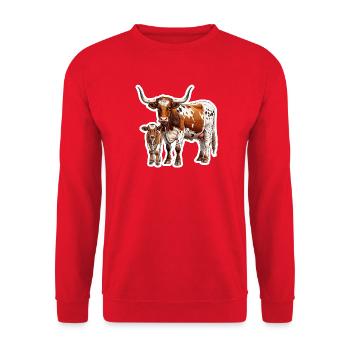 Texas Longhorn mit Kalb – Stolze Westernfamilie - Unisex Pullover - Rot - Vorne - Alina (178cm) & Michal (187cm)