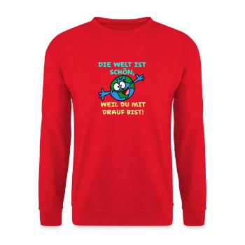 Die Welt ist schön, weil du mit drauf bist - Unisex Pullover - Rot - Vorne - Alina (178cm) & Michal (187cm)