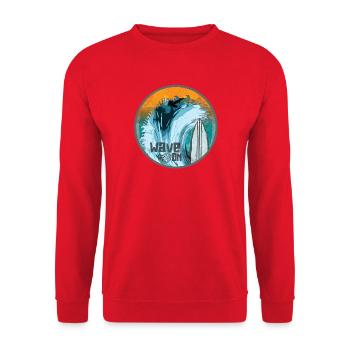 Welle im Surfzauber Patch - Unisex Pullover - Rot - Vorne - Alina (178cm) & Michal (187cm)