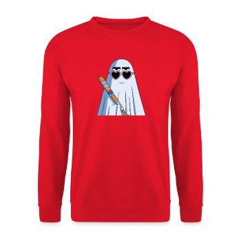 Sarcastic Ghost with Heart Shades & Bat - Unisex Pullover - Rot - Vorne - Alina (178cm) & Michal (187cm)