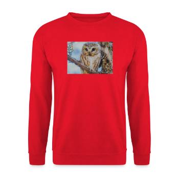 Wald Eulenporträt Aquarell - Unisex Pullover - Rot - Vorne - Alina (178cm) & Michal (187cm)