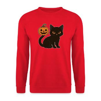 Schwarze Katze mit Halloween Kürbis - Unisex Pullover - Rot - Vorne - Alina (178cm) & Michal (187cm)