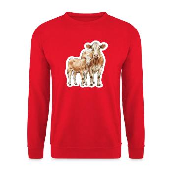 Kuh und Kalb – Aquarellkunst mit Herz - Unisex Pullover - Rot - Vorne - Alina (178cm) & Michal (187cm)