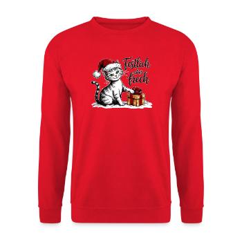 Weihnachts Katze – lustiges Wintermotiv - Unisex Pullover - Rot - Vorne - Alina (178cm) & Michal (187cm)