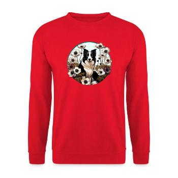 Border Collie im Blumenkreis - Unisex Pullover - Rot - Vorne - Alina (178cm) & Michal (187cm)