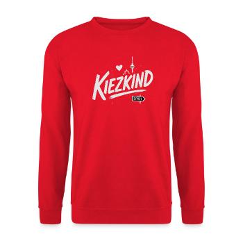 Kiezkind Berlin Design mit Fernsehturm und Herz - Unisex Pullover - Rot - Vorne - Alina (178cm) & Michal (187cm)