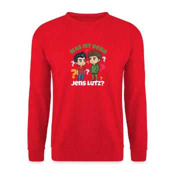 Was ist denn jetz los? Cartoon, Wortspiel - Unisex Pullover - Rot - Vorne - Alina (178cm) & Michal (187cm)