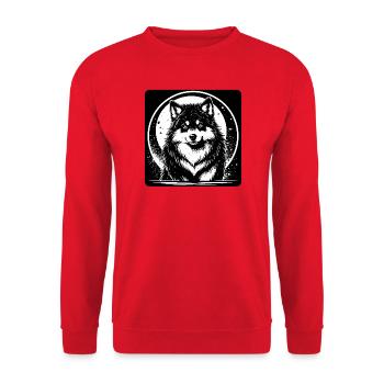 Schwarzweißer Husky (Kopf nah) - Unisex Pullover - Rot - Vorne - Alina (178cm) & Michal (187cm)