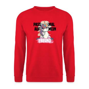 Naughty Unicorn – Watch out, my friend! - Unisex Sweatshirt - red - Front - Alina (178cm) & Michal (187cm)