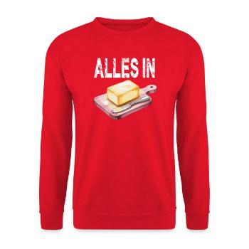 Alles In Butter Brotkunst Humor - Unisex Pullover - Rot - Vorne - Alina (178cm) & Michal (187cm)