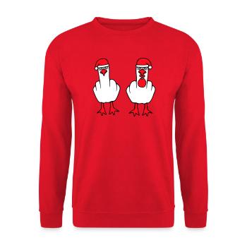 2 Möwen Mittelfinger Beleidigung Weihnachten Team - Unisex Pullover - Rot - Vorne - Alina (178cm) & Michal (187cm)