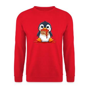 Niedlicher Pinguin mit Lasagne Cartoon essen Spaß - Unisex Pullover - Rot - Vorne - Alina (178cm) & Michal (187cm)