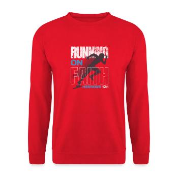 🏃‍♂️Blue "Running on Faith" Hebrews 12:1 - Unisex Sweatshirt - red - Front - Alina (178cm) & Michal (187cm)