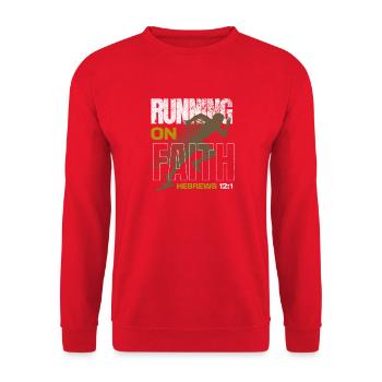 🏃‍♂️Green “Running on Faith – Hebrews 12:1” - Unisex Sweatshirt - red - Front - Alina (178cm) & Michal (187cm)