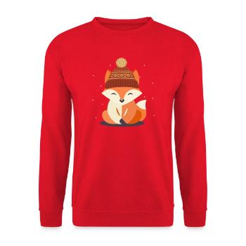 Lächelnder Fuchs mit Wintermütze – Wintermotiv - Unisex Pullover - Rot - Vorne - Alina (178cm) & Michal (187cm)