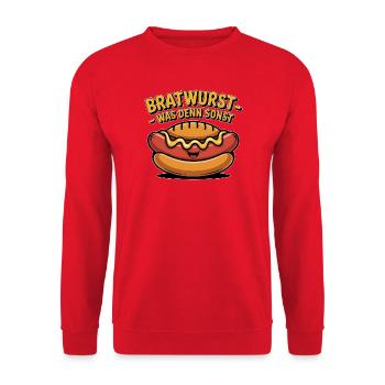 Bratwurst Spruch – Lustiges Grillmotiv Was denn so - Unisex Pullover - Rot - Vorne - Alina (178cm) & Michal (187cm)