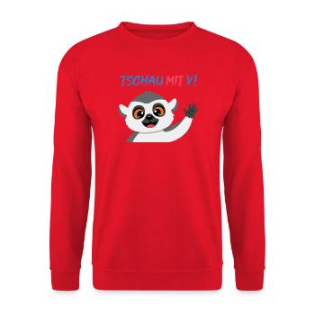 Äffchen verabschiedet sich: Tschau Mit V - Unisex Pullover - Rot - Vorne - Alina (178cm) & Michal (187cm)