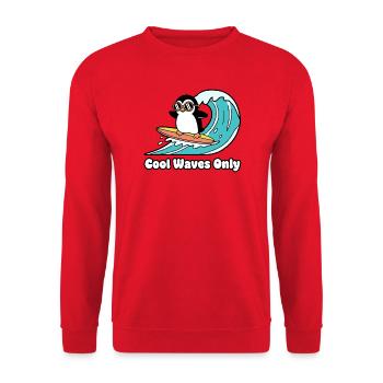 Pinguin Surfer Wellenzauber - Unisex Pullover - Rot - Vorne - Alina (178cm) & Michal (187cm)