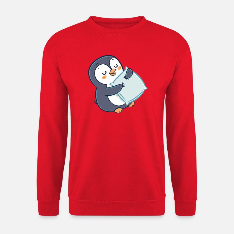Pinguin kuschelt auf Kissen - Unisex Pullover - Rot