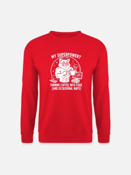 Lustiges Coding Katze T-Shirt - Superkraft Kaffee - Unisex Pullover - Rot