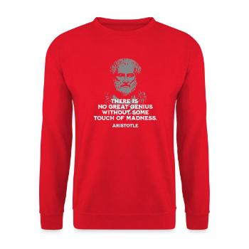 Aristoteles Zitat Porträt: Genie & Wahnsinn - Unisex Pullover - Rot - Vorne - Alina (178cm) & Michal (187cm)