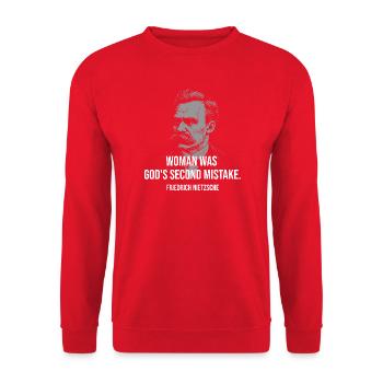 Nietzsche-Porträt fettes Zitat - Unisex Pullover - Rot - Vorne - Alina (178cm) & Michal (187cm)