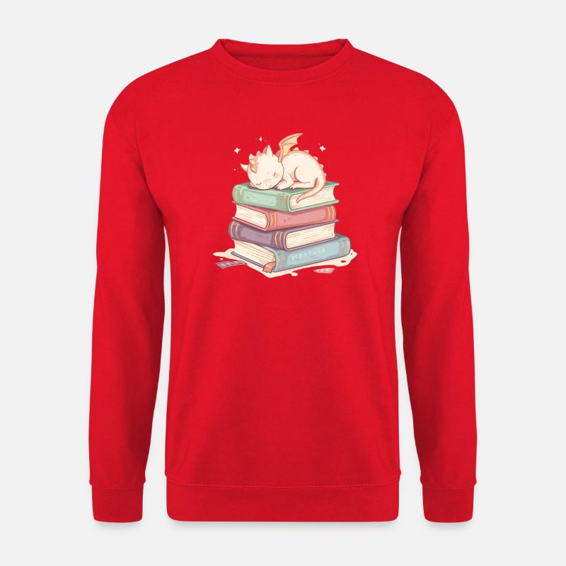 Schlafender Drache auf pastellfarbenen Büchern - Unisex Pullover - Rot