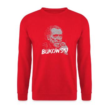 Bukowski-Porträt-Zigaretten-T-Shirt - Unisex Pullover - Rot - Vorne - Alina (178cm) & Michal (187cm)