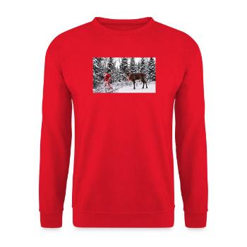 Winterfreude: Santa und Rentier im Schnee - Unisex Pullover - Rot - Vorne - Alina (178cm) & Michal (187cm)