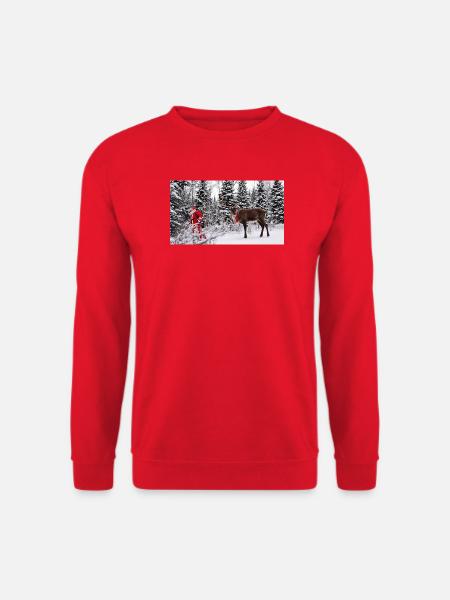 Winterfreude: Santa und Rentier im Schnee - Unisex Pullover - Rot