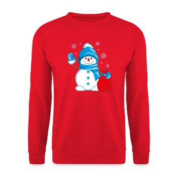 Schneemann mit einer Tasche voller Geschenke winkt - Unisex Pullover - Rot - Vorne - Alina (178cm) & Michal (187cm)