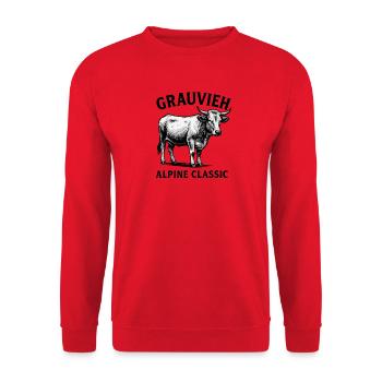 Grauvieh Alpine Classic Kuh Shirt - Unisex Pullover - Rot - Vorne - Alina (178cm) & Michal (187cm)