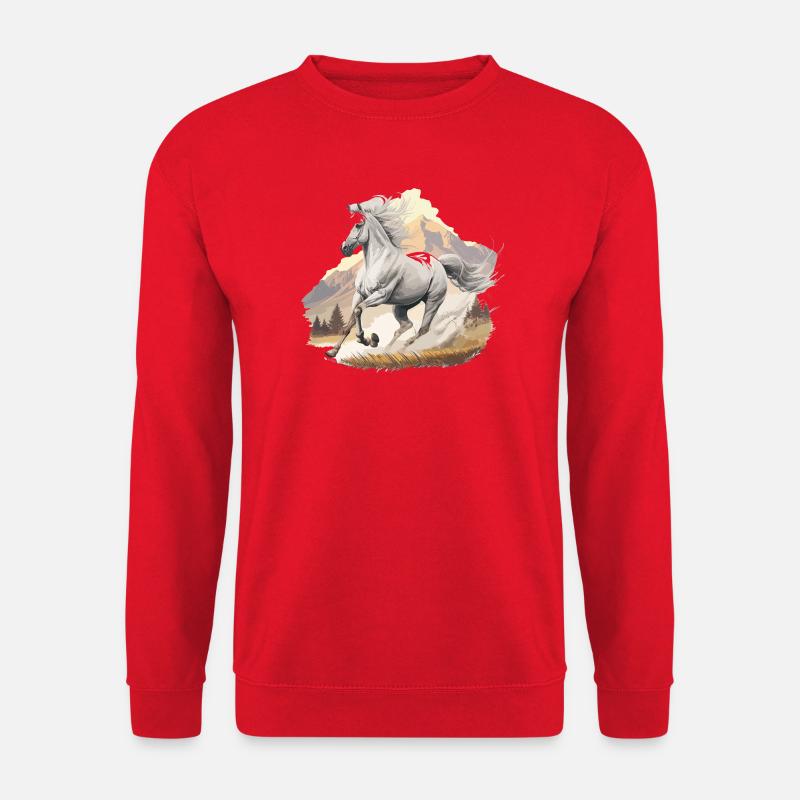 Hoch springendes Pferd in Berglandschaft - Unisex Pullover - Rot