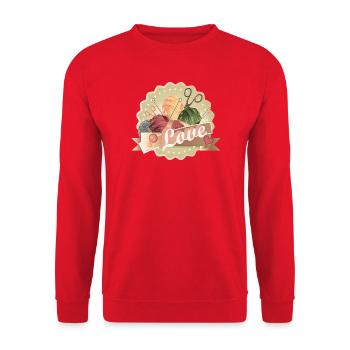Vintage Wollknäuel Patch mit Stricknadeln & Herz - Unisex Pullover - Rot - Vorne - Alina (178cm) & Michal (187cm)
