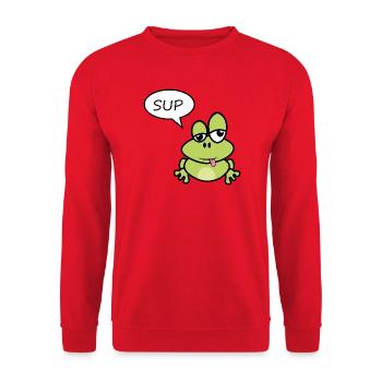 Kleiner Frosch sagt Sup - Unisex Pullover - Rot - Vorne - Alina (178cm) & Michal (187cm)
