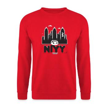 NYC Roboter Skyline Druck - Unisex Pullover - Rot - Vorne - Alina (178cm) & Michal (187cm)