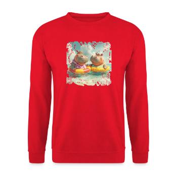 Südsee-Hippos im Schwimmreifen - Unisex Pullover - Rot - Vorne - Alina (178cm) & Michal (187cm)