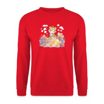 Tigerjunge auf Goldschatz im Herbstwald - Unisex Pullover - Rot - Vorne - Alina (178cm) & Michal (187cm)