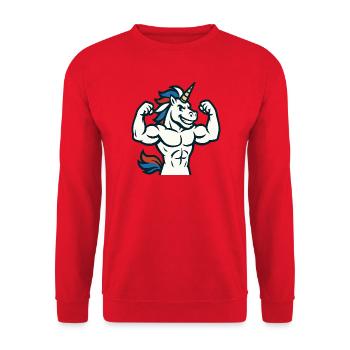 Muscle Unicorn Gym Maskottchen Power Flex Design - Unisex Pullover - Rot - Vorne - Alina (178cm) & Michal (187cm)