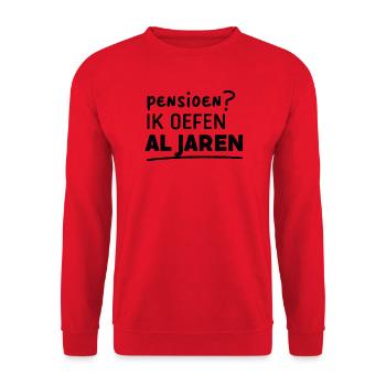 Ruhestand? Ich übe seit Jahren – Flemish Humor Print - Unisex Pullover - Rot - Vorne - Alina (178cm) & Michal (187cm)