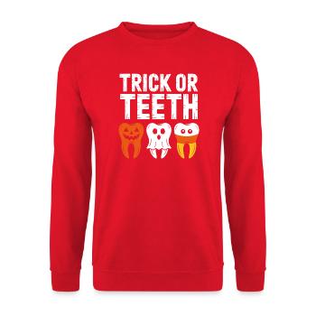 Trick oder Teeth Halloween-T-Shirt - Unisex Pullover - Rot - Vorne - Alina (178cm) & Michal (187cm)