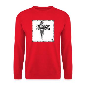 Abstrakter Papagei im fließenden Kreuz - Unisex Pullover - Rot - Vorne - Alina (178cm) & Michal (187cm)