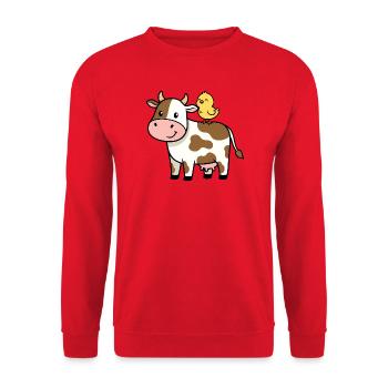 Cute Cow with Bird Friendship - Unisex Sweatshirt - red - Front - Alina (178cm) & Michal (187cm)