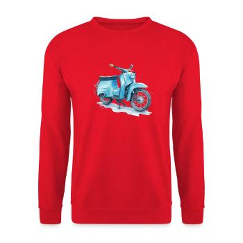 Cyclomoteur Schwalbe bleu est-allemand au design culte aquarelle - Sweat-shirt Unisexe - rouge - Devant - Alina (178cm) & Michal (187cm)