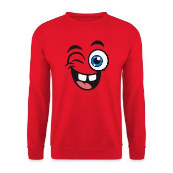 Lustiges Cartoon-Gesicht– Große Augen & Zunge raus - Unisex Pullover - Rot - Vorne - Alina (178cm) & Michal (187cm)