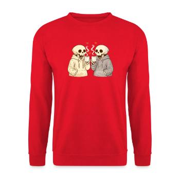 Cozy Skelett Paar mit Tassen – Warme Momente - Unisex Pullover - Rot - Vorne - Alina (178cm) & Michal (187cm)
